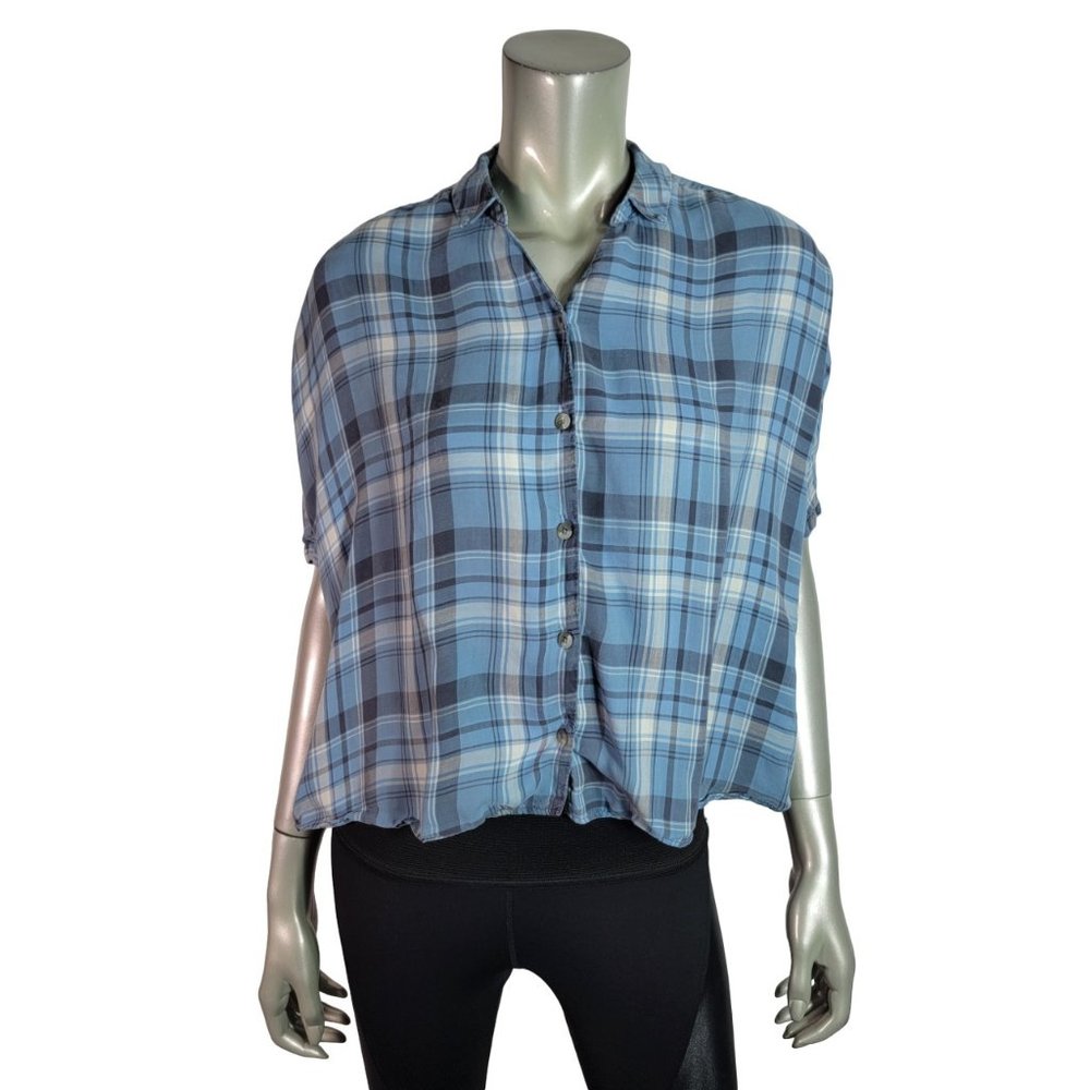 Anthropologie Holding Horses Top Size S Plaid Boxy Lyocell Lightweight Blue Crop